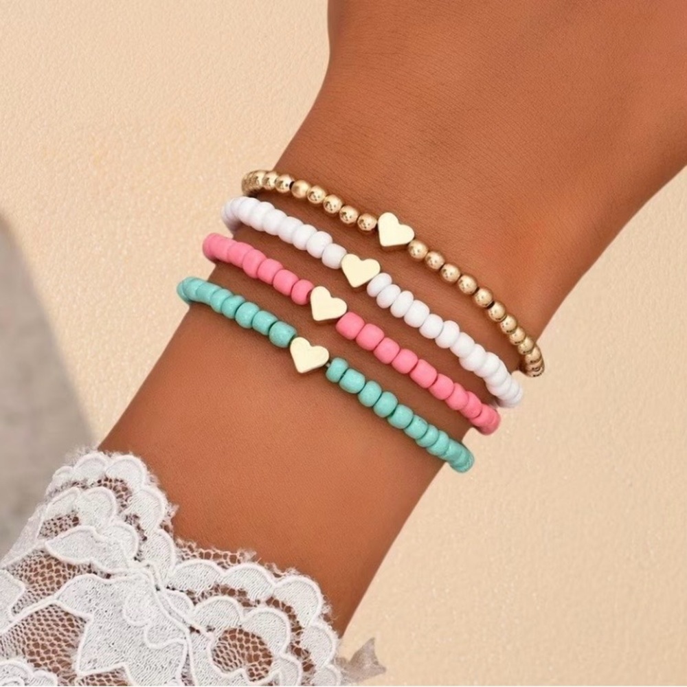 NEW - 4 pack beaded bracelet with hearts, stretch bead bracelet, anklet